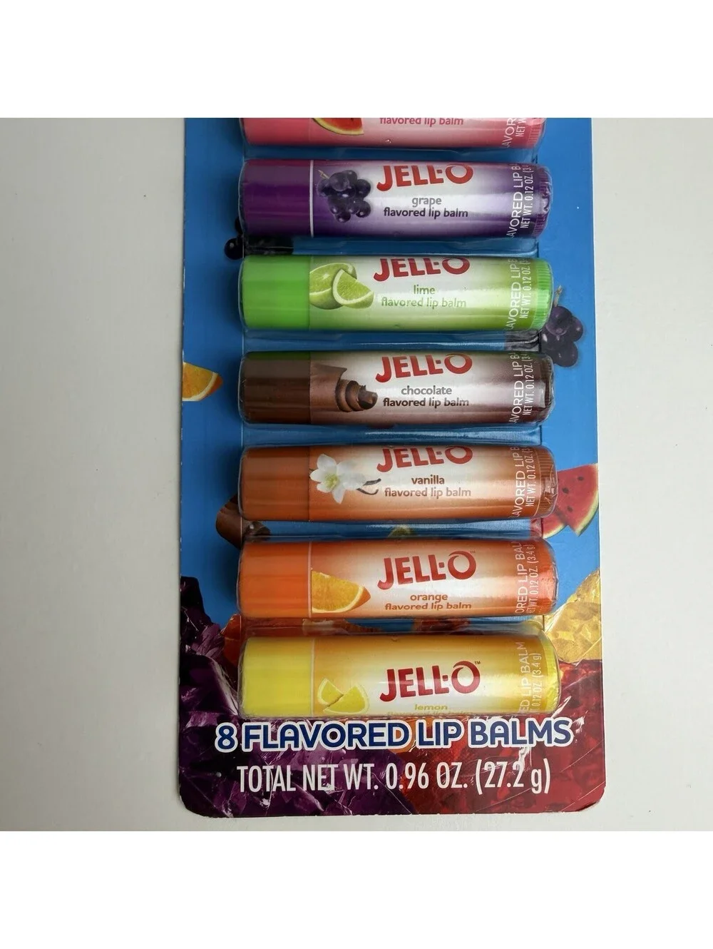 Jell-O 8 Pack Flavored Lip Balms Strawberry Watermelon Grape Lime Chocolate NIP